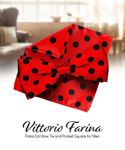 Vittorio Farina Men's Polka Dot Satin Bow Tie & Pocket Square in Gift Box - Red and Black - Bow Tie & Pocket Square - Vittorio Farina