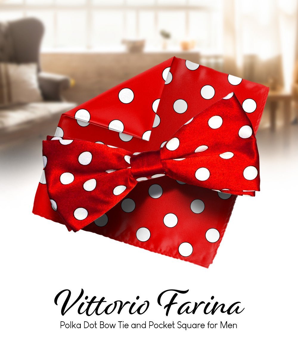 Vittorio Farina Men's Polka Dot Satin Bow Tie & Pocket Square in Gift Box - Red and White - Bow Tie & Pocket Square - Vittorio Farina