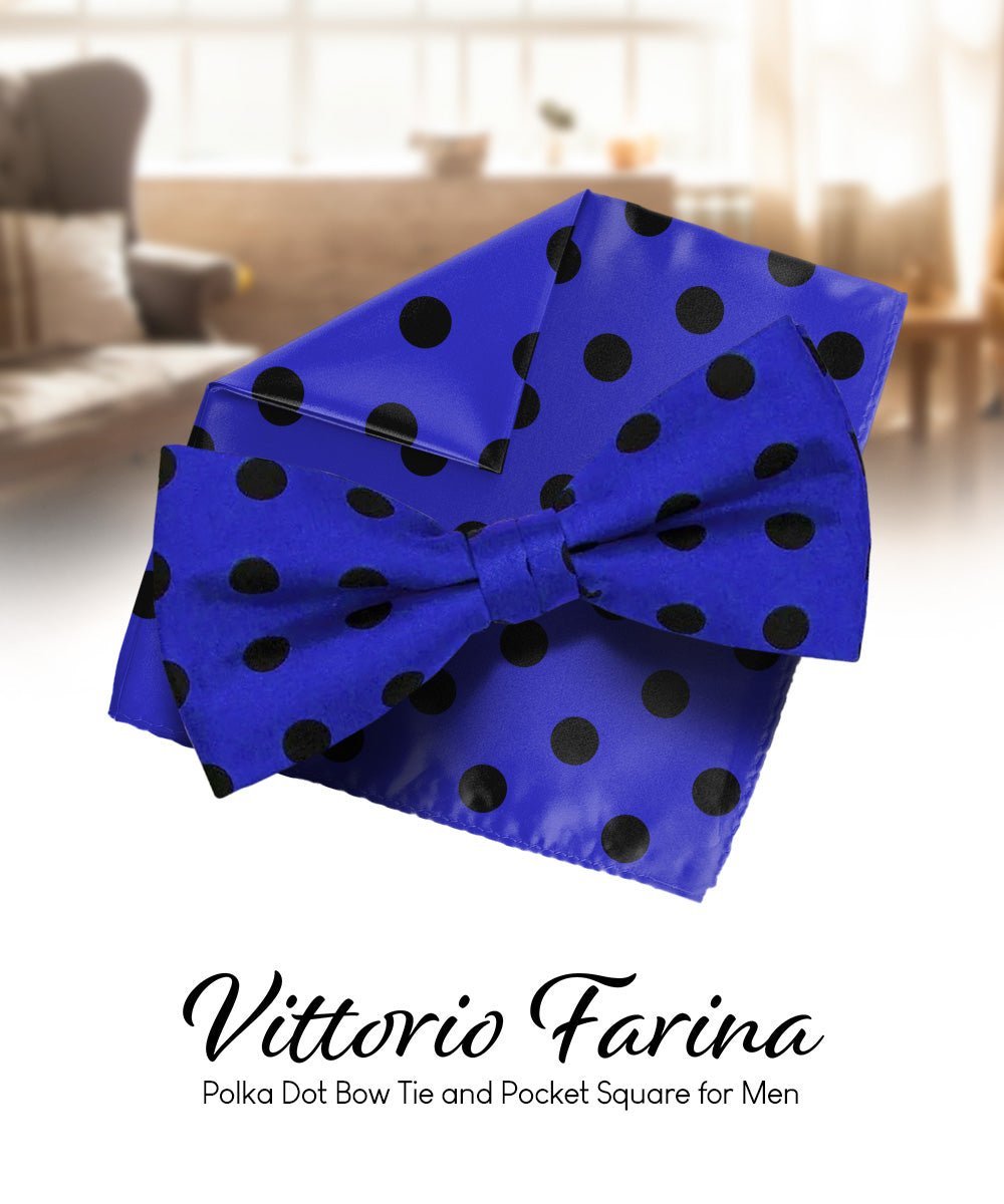 Vittorio Farina Men's Polka Dot Satin Bow Tie & Pocket Square in Gift Box - Royal Blue and Black - Bow Tie & Pocket Square - Vittorio Farina
