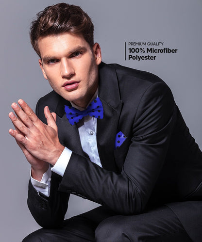 Vittorio Farina Men's Polka Dot Satin Bow Tie & Pocket Square in Gift Box - Royal Blue and Black - Bow Tie & Pocket Square - Vittorio Farina