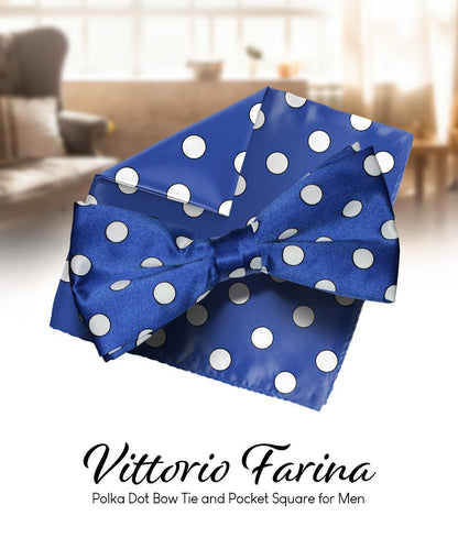 Vittorio Farina Men's Polka Dot Satin Bow Tie & Pocket Square in Gift Box - Royal Blue and White - Bow Tie & Pocket Square - Vittorio Farina