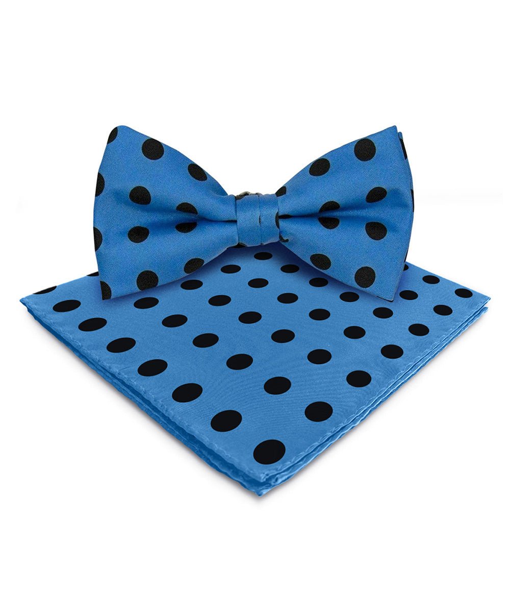 Vittorio Farina Men's Polka Dot Satin Bow Tie & Pocket Square in Gift Box - Turquoise and Black - Bow Tie & Pocket Square - Vittorio Farina