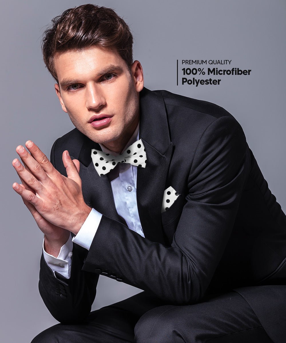 Vittorio Farina Men's Polka Dot Satin Bow Tie & Pocket Square in Gift Box - White and Black - Bow Tie & Pocket Square - Vittorio Farina