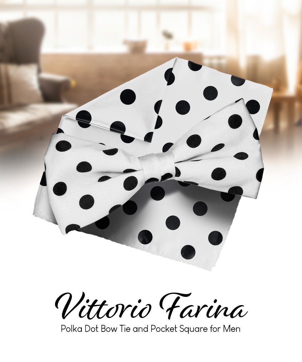 Vittorio Farina Men's Polka Dot Satin Bow Tie & Pocket Square in Gift Box - White and Black - Bow Tie & Pocket Square - Vittorio Farina