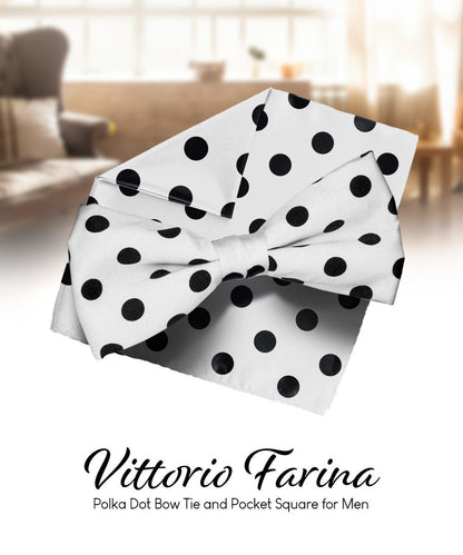Vittorio Farina Men's Polka Dot Satin Bow Tie & Pocket Square in Gift Box - White and Black - Bow Tie & Pocket Square - Vittorio Farina