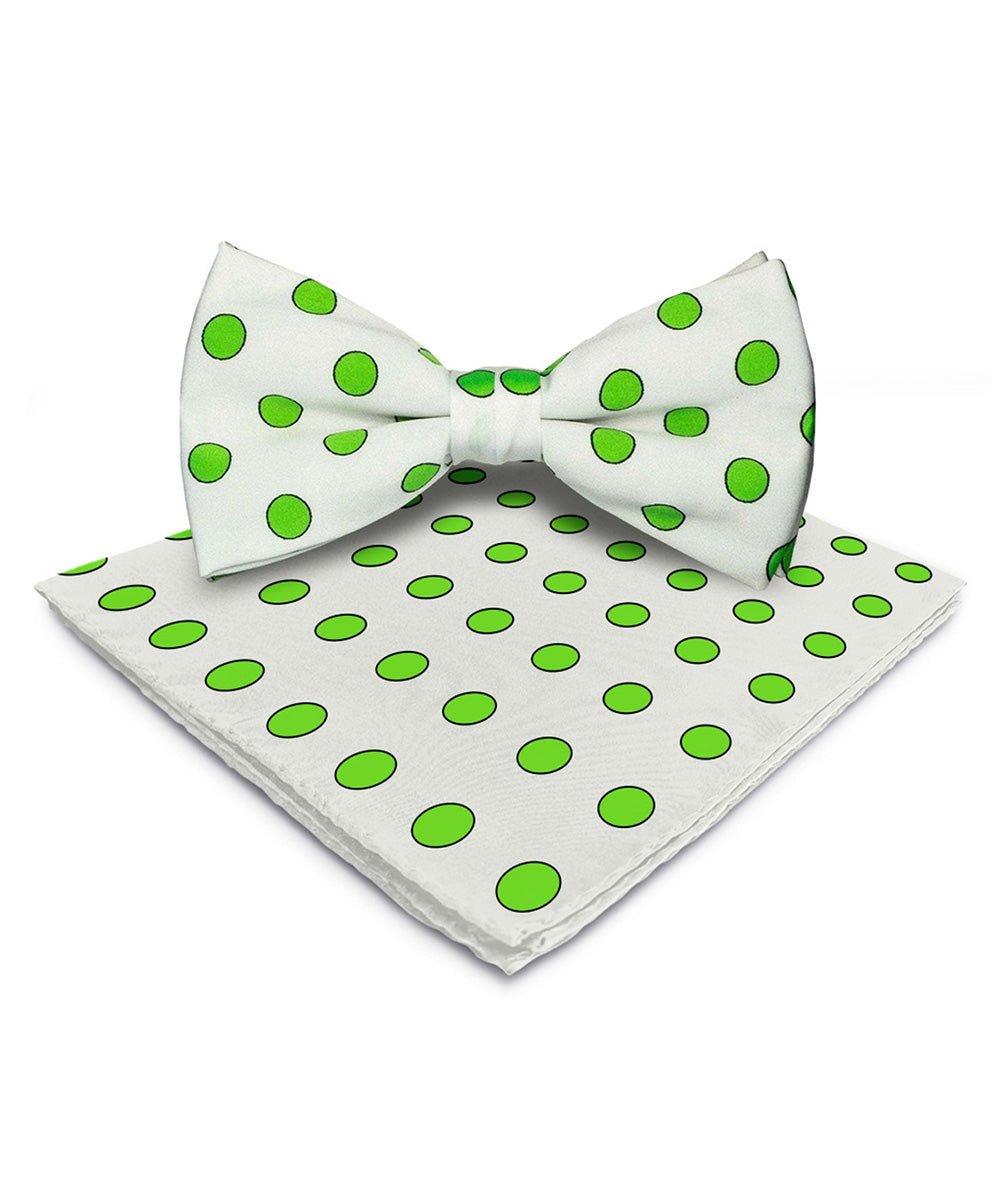 Vittorio Farina Men's Polka Dot Satin Bow Tie & Pocket Square in Gift Box - White and Green - Bow Tie & Pocket Square - Vittorio Farina