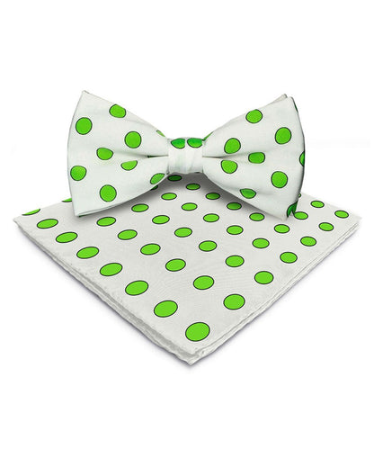 Vittorio Farina Men's Polka Dot Satin Bow Tie & Pocket Square in Gift Box - White and Green - Bow Tie & Pocket Square - Vittorio Farina