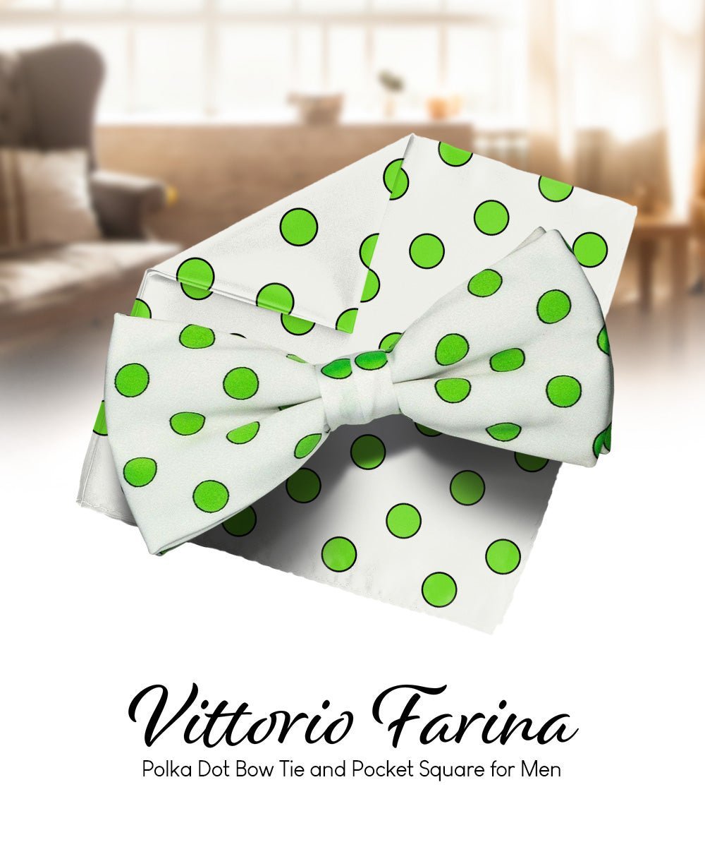 Vittorio Farina Men's Polka Dot Satin Bow Tie & Pocket Square in Gift Box - White and Green - Bow Tie & Pocket Square - Vittorio Farina