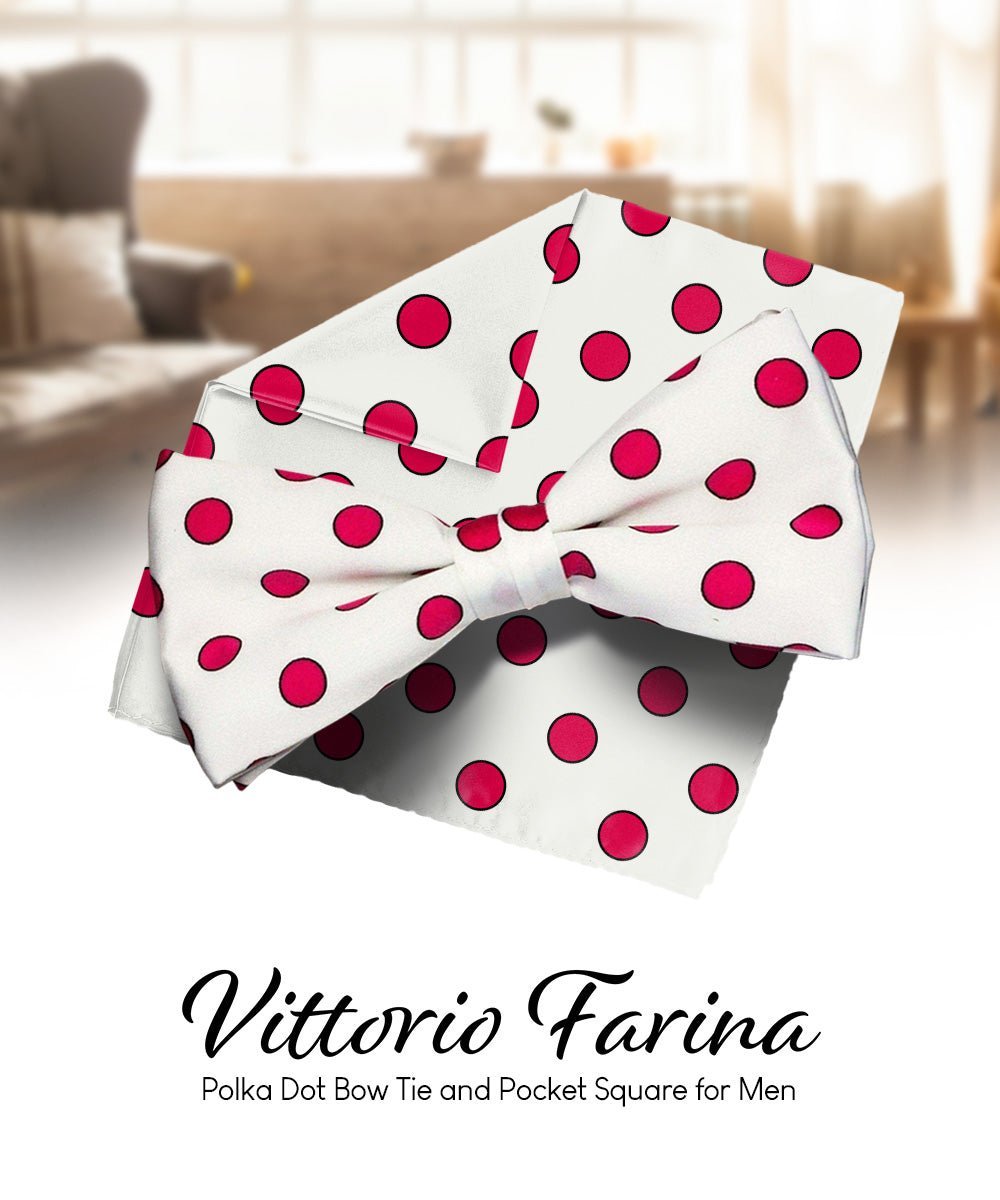 Vittorio Farina Men's Polka Dot Satin Bow Tie & Pocket Square in Gift Box - White and Hot Pink - Bow Tie & Pocket Square - Vittorio Farina
