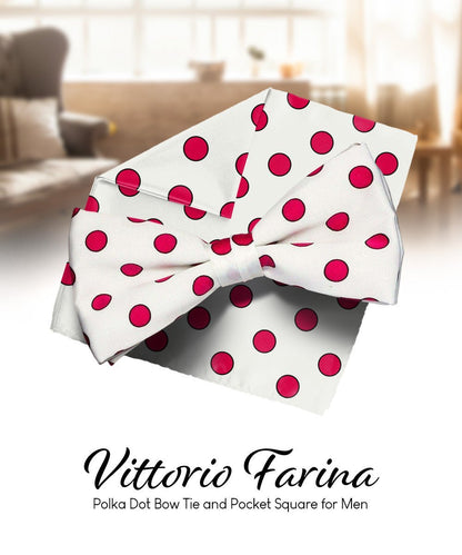 Vittorio Farina Men's Polka Dot Satin Bow Tie & Pocket Square in Gift Box - White and Hot Pink - Bow Tie & Pocket Square - Vittorio Farina