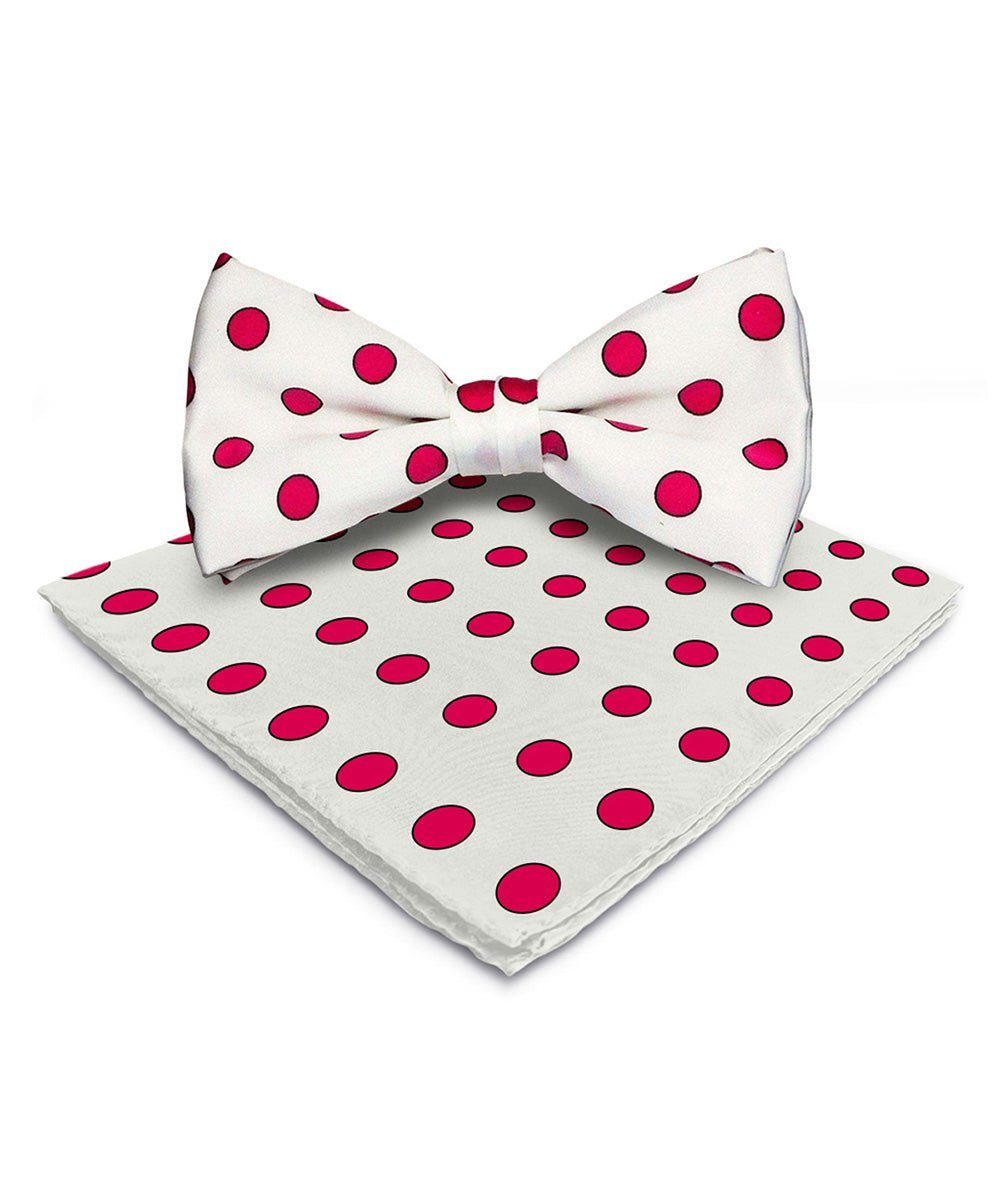 Vittorio Farina Men's Polka Dot Satin Bow Tie & Pocket Square in Gift Box - White and Hot Pink - Bow Tie & Pocket Square - Vittorio Farina
