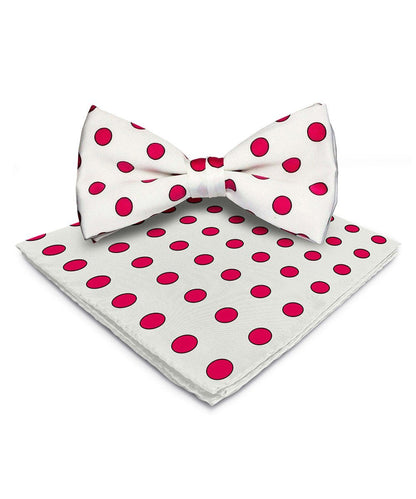 Vittorio Farina Men's Polka Dot Satin Bow Tie & Pocket Square in Gift Box - White and Hot Pink - Bow Tie & Pocket Square - Vittorio Farina
