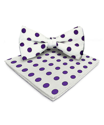 Vittorio Farina Men's Polka Dot Satin Bow Tie & Pocket Square in Gift Box - White and Purple - Bow Tie & Pocket Square - Vittorio Farina
