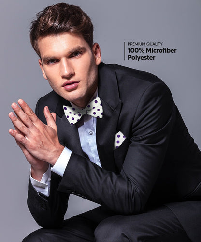 Vittorio Farina Men's Polka Dot Satin Bow Tie & Pocket Square in Gift Box - White and Purple - Bow Tie & Pocket Square - Vittorio Farina