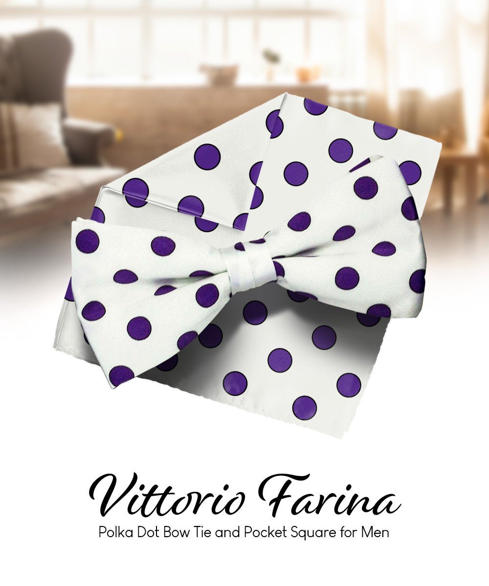 Vittorio Farina Men's Polka Dot Satin Bow Tie & Pocket Square in Gift Box - White and Purple - Bow Tie & Pocket Square - Vittorio Farina