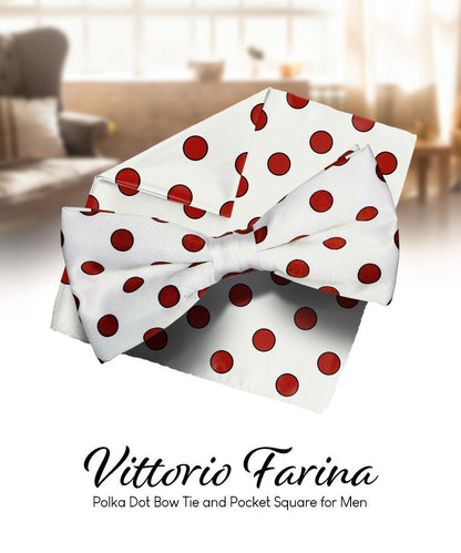 Vittorio Farina Men's Polka Dot Satin Bow Tie & Pocket Square in Gift Box - White and Red - Bow Tie & Pocket Square - Vittorio Farina