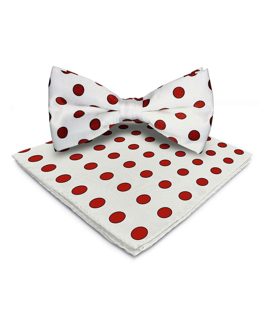 Vittorio Farina Men's Polka Dot Satin Bow Tie & Pocket Square in Gift Box - White and Red - Bow Tie & Pocket Square - Vittorio Farina