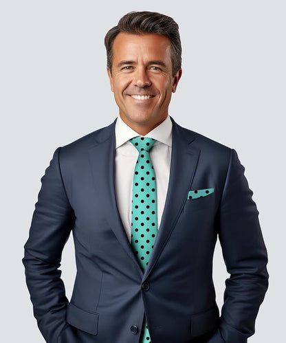 Vittorio Farina Men's Polka Dot Satin Necktie & Pocket Square - Aqua and Black - Necktie & Pocket Square - Vittorio Farina