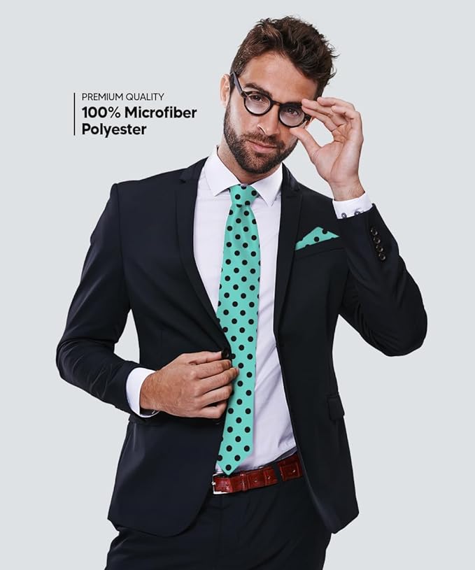 Vittorio Farina Men's Polka Dot Satin Necktie & Pocket Square - Aqua and Black - Necktie & Pocket Square - Vittorio Farina