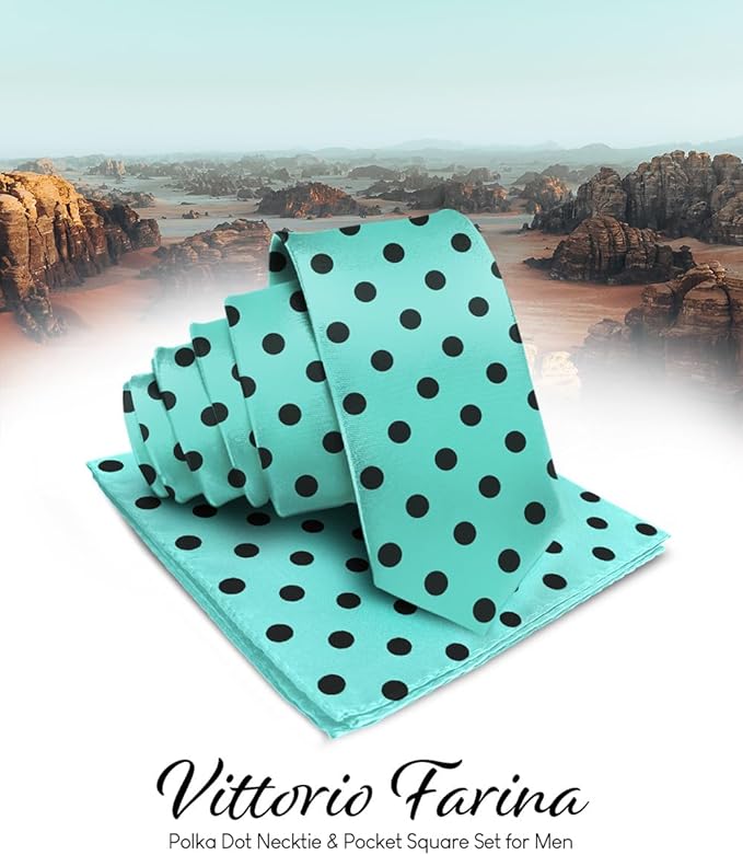 Vittorio Farina Men's Polka Dot Satin Necktie & Pocket Square - Aqua and Black - Necktie & Pocket Square - Vittorio Farina