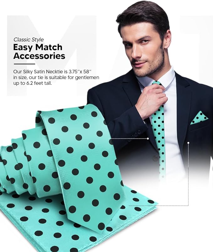 Vittorio Farina Men's Polka Dot Satin Necktie & Pocket Square - Aqua and Black - Necktie & Pocket Square - Vittorio Farina