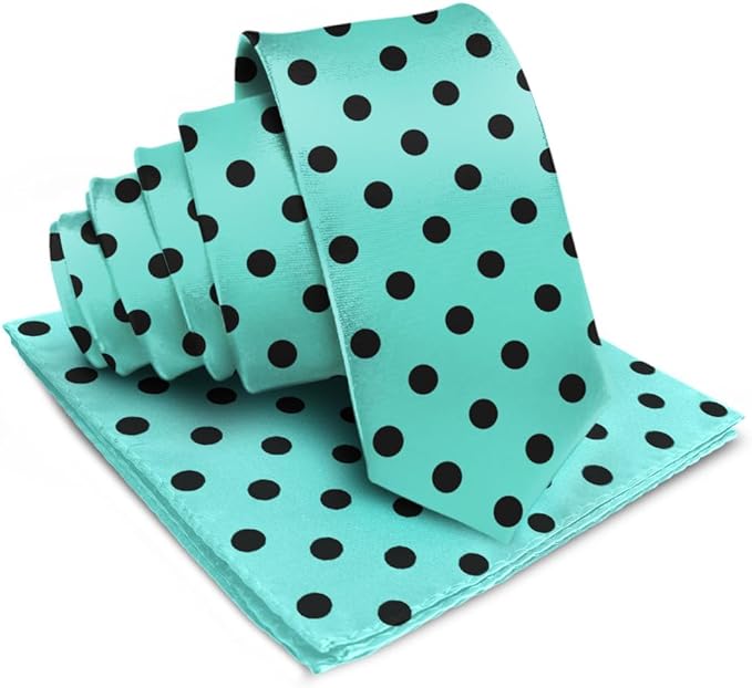 Vittorio Farina Men's Polka Dot Satin Necktie & Pocket Square - Aqua and Black - Necktie & Pocket Square - Vittorio Farina