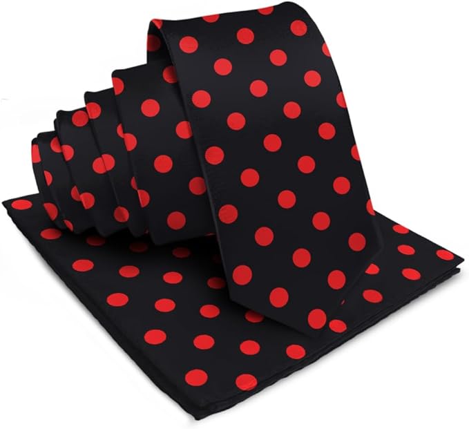 Vittorio Farina Men's Polka Dot Satin Necktie & Pocket Square - Black and Red - Necktie & Pocket Square - Vittorio Farina