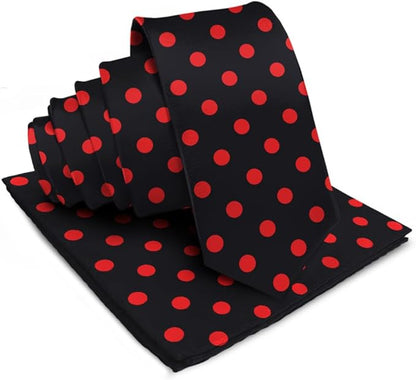 Vittorio Farina Men's Polka Dot Satin Necktie & Pocket Square - Black and Red - Necktie & Pocket Square - Vittorio Farina