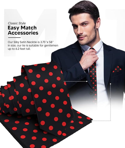 Vittorio Farina Men's Polka Dot Satin Necktie & Pocket Square - Black and Red - Necktie & Pocket Square - Vittorio Farina