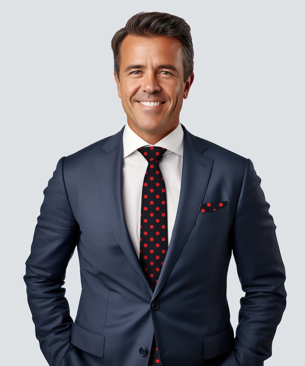 Vittorio Farina Men's Polka Dot Satin Necktie & Pocket Square - Black and Red - Necktie & Pocket Square - Vittorio Farina