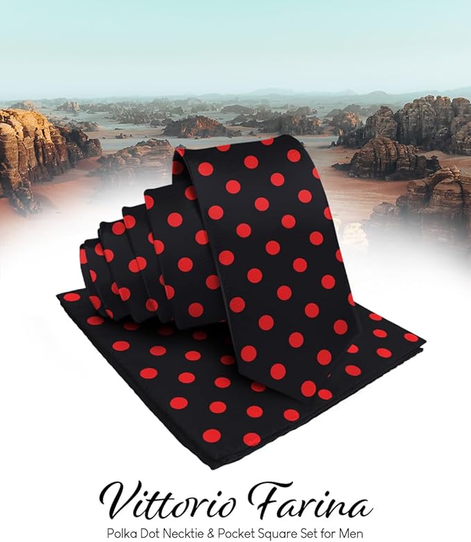 Vittorio Farina Men's Polka Dot Satin Necktie & Pocket Square - Black and Red - Necktie & Pocket Square - Vittorio Farina