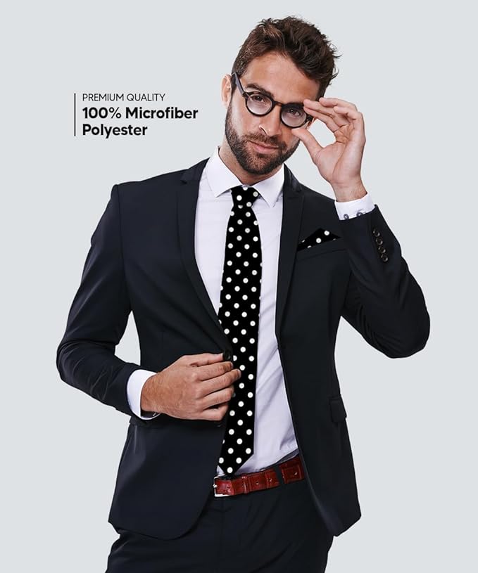 Vittorio Farina Men's Polka Dot Satin Necktie & Pocket Square - Black and White - Necktie & Pocket Square - Vittorio Farina