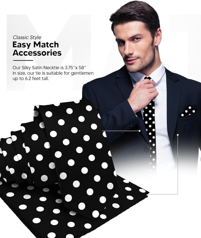 Vittorio Farina Men's Polka Dot Satin Necktie & Pocket Square - Black and White - Necktie & Pocket Square - Vittorio Farina