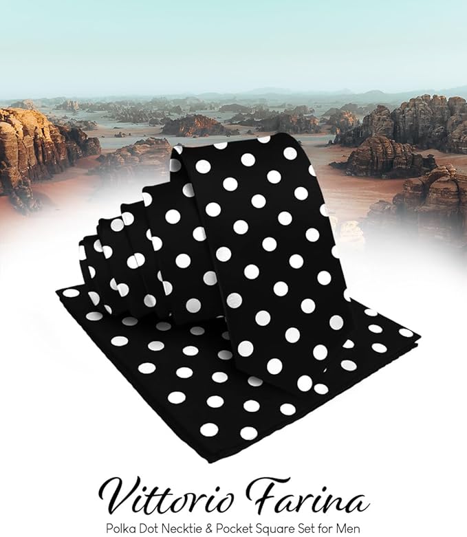 Vittorio Farina Men's Polka Dot Satin Necktie & Pocket Square - Black and White - Necktie & Pocket Square - Vittorio Farina