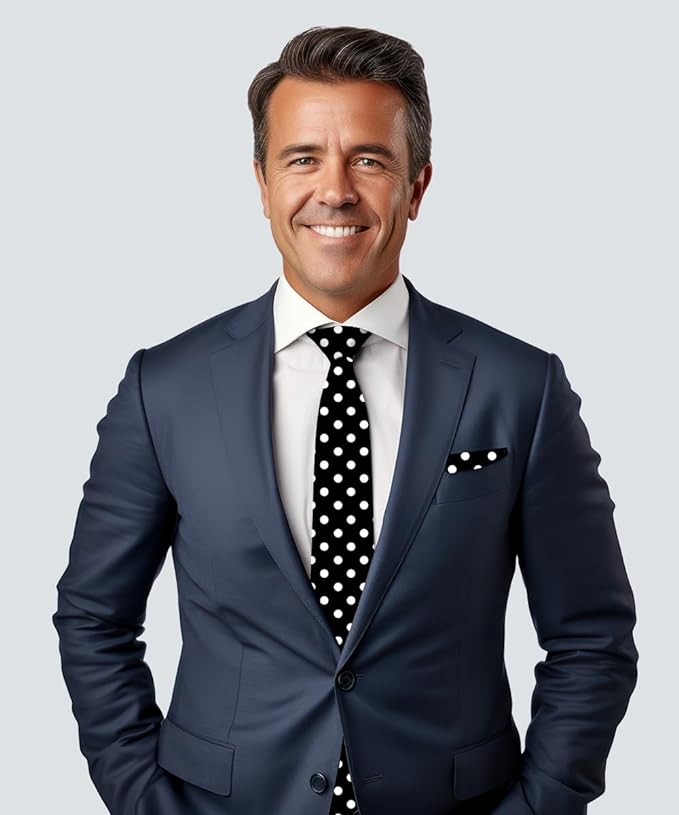 Vittorio Farina Men's Polka Dot Satin Necktie & Pocket Square - Black and White - Necktie & Pocket Square - Vittorio Farina
