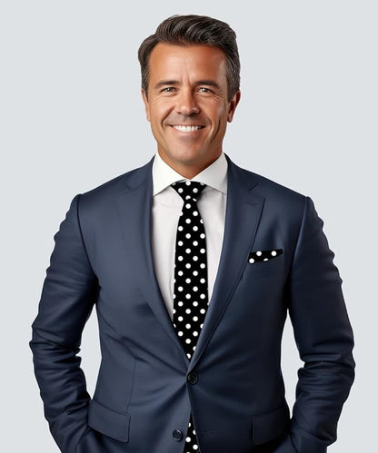 Vittorio Farina Men's Polka Dot Satin Necktie & Pocket Square - Black and White - Necktie & Pocket Square - Vittorio Farina