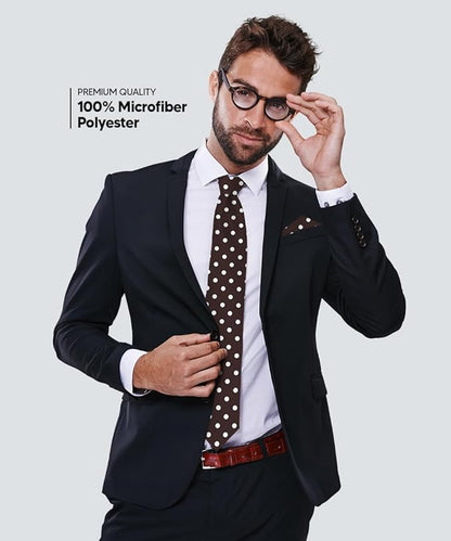 Vittorio Farina Men's Polka Dot Satin Necktie & Pocket Square - Brown and Ivory - Necktie & Pocket Square - Vittorio Farina