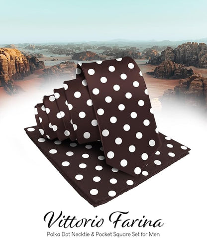 Vittorio Farina Men's Polka Dot Satin Necktie & Pocket Square - Brown and Ivory - Necktie & Pocket Square - Vittorio Farina