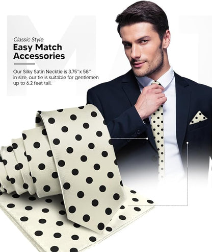 Vittorio Farina Men's Polka Dot Satin Necktie & Pocket Square - Ivory and Black - Necktie & Pocket Square - Vittorio Farina