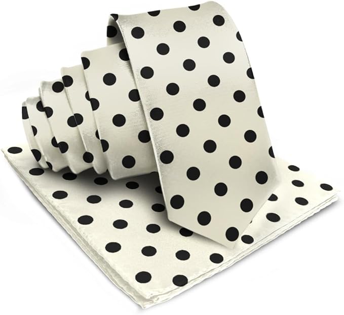 Vittorio Farina Men's Polka Dot Satin Necktie & Pocket Square - Ivory and Black - Necktie & Pocket Square - Vittorio Farina