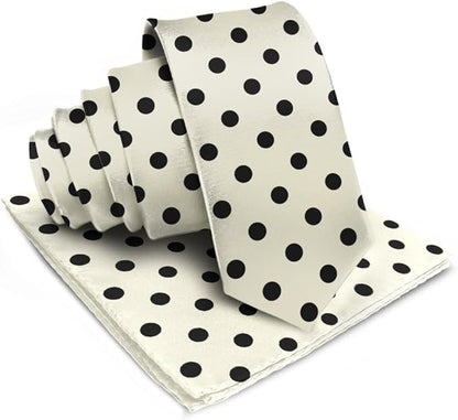 Vittorio Farina Men's Polka Dot Satin Necktie & Pocket Square - Ivory and Black - Necktie & Pocket Square - Vittorio Farina