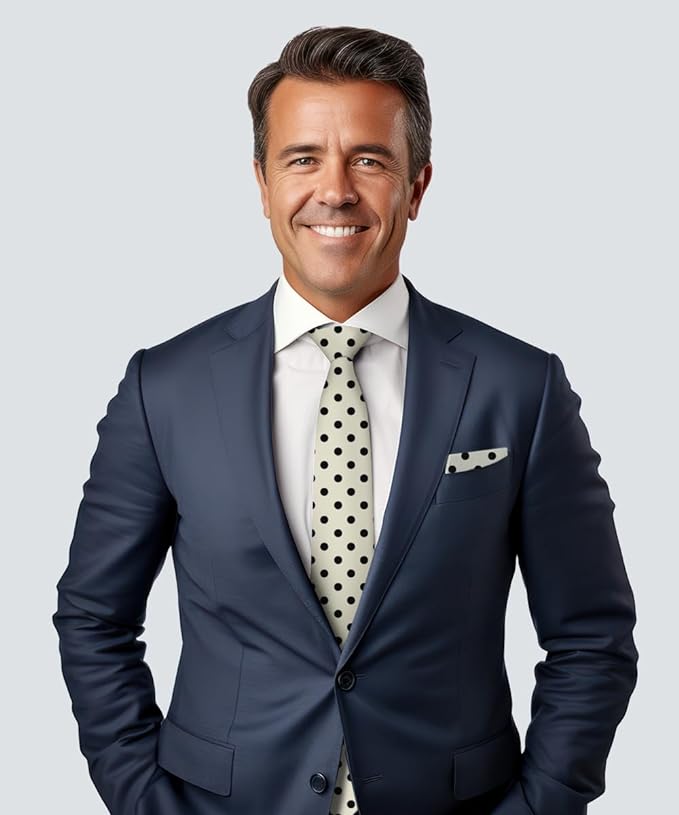 Vittorio Farina Men's Polka Dot Satin Necktie & Pocket Square - Ivory and Black - Necktie & Pocket Square - Vittorio Farina