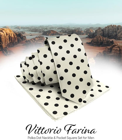 Vittorio Farina Men's Polka Dot Satin Necktie & Pocket Square - Ivory and Black - Necktie & Pocket Square - Vittorio Farina