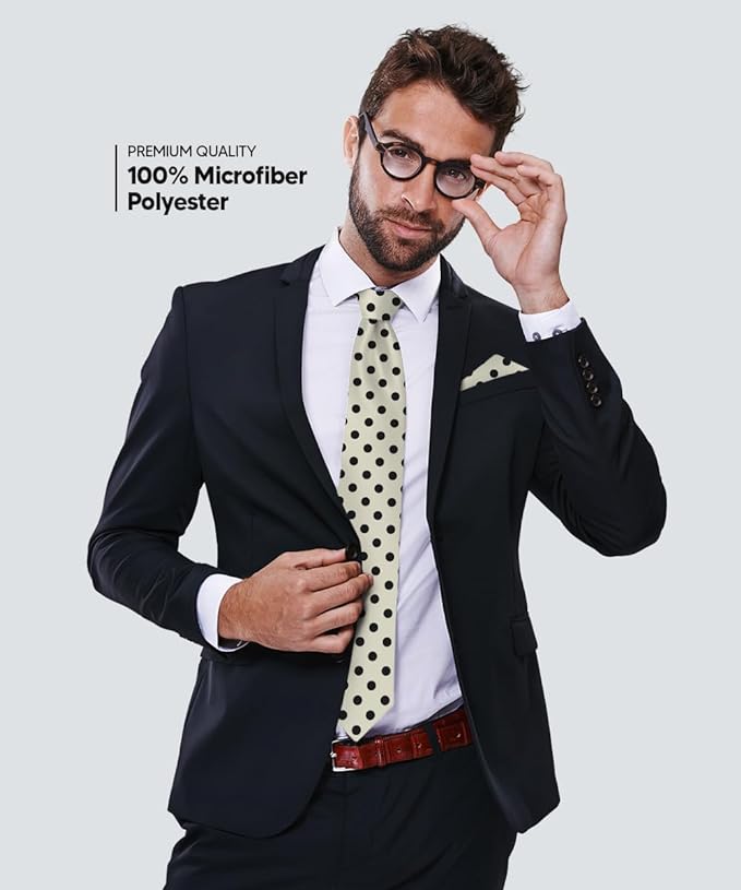 Vittorio Farina Men's Polka Dot Satin Necktie & Pocket Square - Ivory and Black - Necktie & Pocket Square - Vittorio Farina