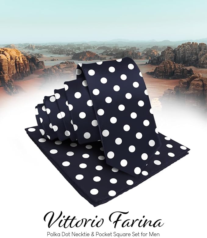 Vittorio Farina Men's Polka Dot Satin Necktie & Pocket Square - Navy Blue and White - Necktie & Pocket Square - Vittorio Farina