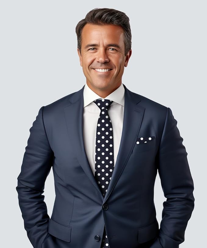 Vittorio Farina Men's Polka Dot Satin Necktie & Pocket Square - Navy Blue and White - Necktie & Pocket Square - Vittorio Farina
