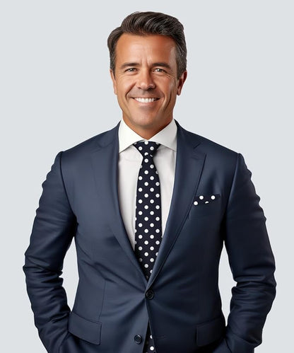 Vittorio Farina Men's Polka Dot Satin Necktie & Pocket Square - Navy Blue and White - Necktie & Pocket Square - Vittorio Farina