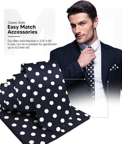 Vittorio Farina Men's Polka Dot Satin Necktie & Pocket Square - Navy Blue and White - Necktie & Pocket Square - Vittorio Farina