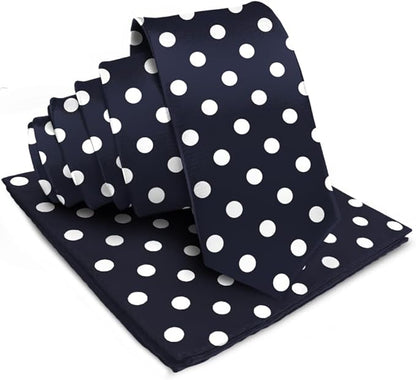 Vittorio Farina Men's Polka Dot Satin Necktie & Pocket Square - Navy Blue and White - Necktie & Pocket Square - Vittorio Farina