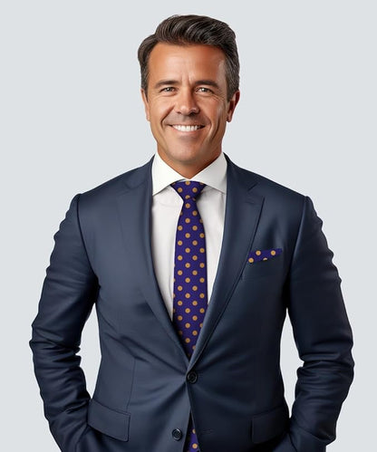 Vittorio Farina Men's Polka Dot Satin Necktie & Pocket Square - Purple and Gold - Necktie & Pocket Square - Vittorio Farina
